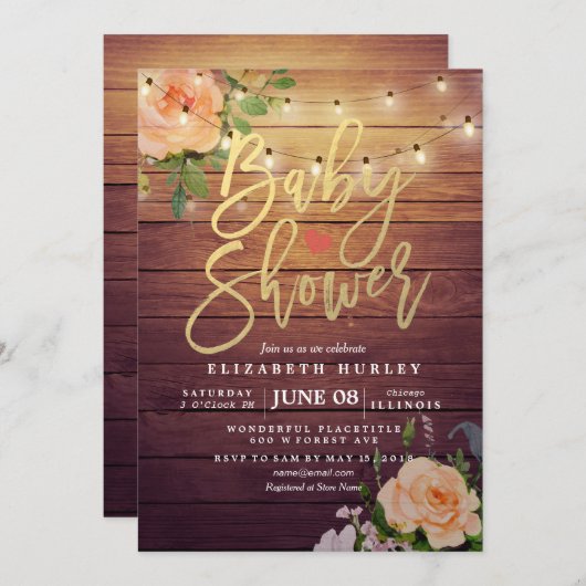 木材バラ素朴フローラストリング軽い赤ちゃんシャワー 招待状 (正面/裏面)