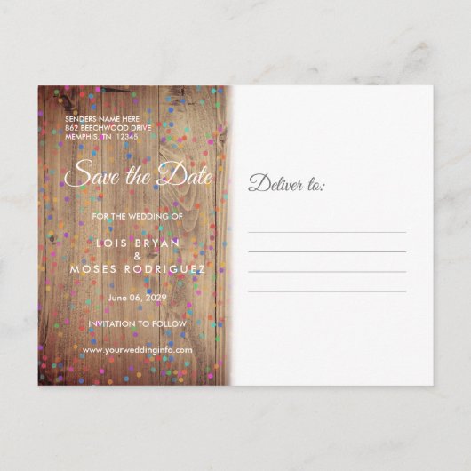 木材パネ素朴ル虹の紙吹雪日付を保存 案内ポストカード (裏面)