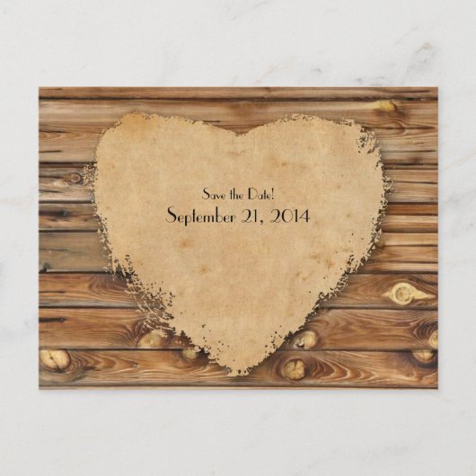 木材パーチメントぼろぼろのハート日付の保存 案内ポストカード (正面)