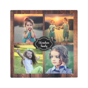 木材ファミリ素朴ー写真コラージャーのモノグラム名 メタルプリント