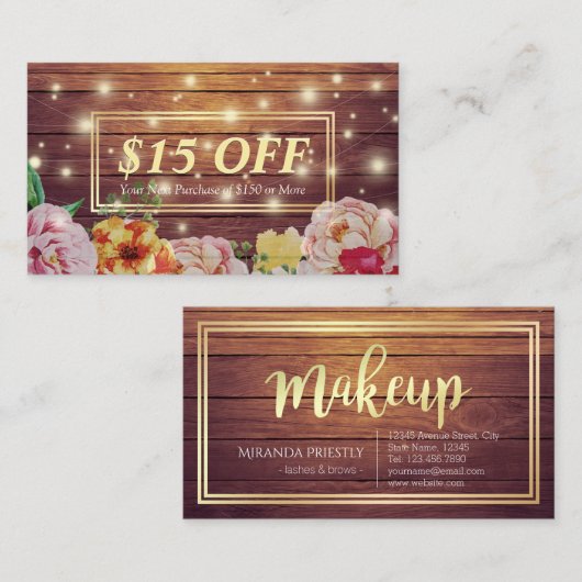 木材フローラストリングライトサロン割引クーポン 割引カード (正面/裏面)