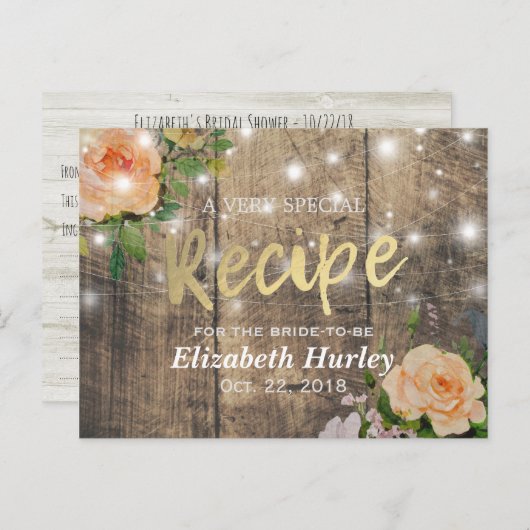 木材フローラストリングライトブライダルシャワーレシピ インビテーションポストカード (正面/裏面)