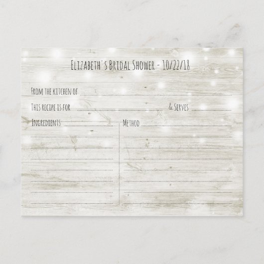 木材フローラストリングライトブライダルシャワーレシピ インビテーションポストカード (裏面)