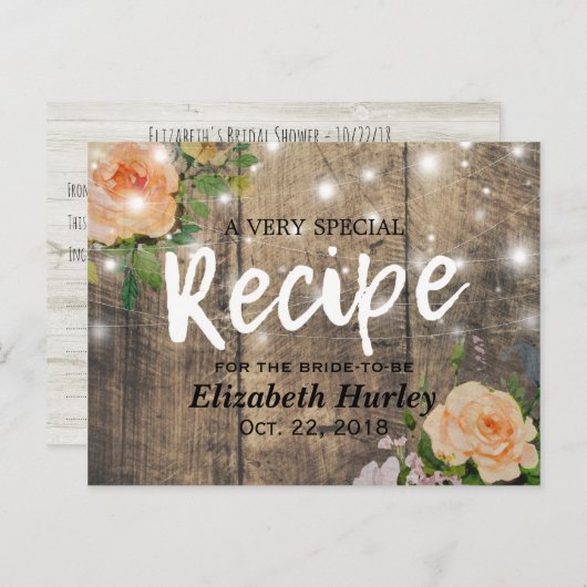 木材フローラストリングライトブライダルシャワーレシピ インビテーションポストカード (正面/裏面)