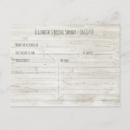 木材フローラストリングライトブライダルシャワーレシピ インビテーションポストカード (裏面)