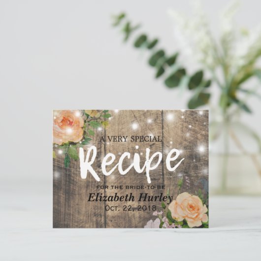 木材フローラストリングライトブライダルシャワーレシピ インビテーションポストカード (スタンド正面)