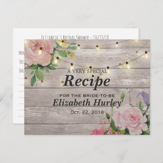 木材フローラストリングライトブライダルシャワーレシピ インビテーションポストカード (正面/裏面)