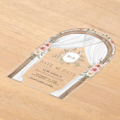 木材フローラモノグラムキャノピー結婚式の日付を保存 アクリル招待状 (レイダウン)