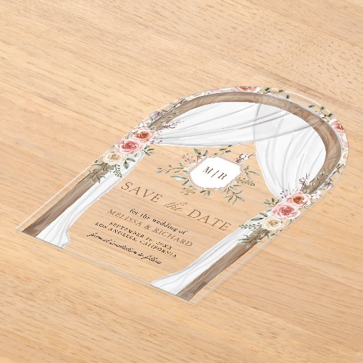 木材フローラモノグラムキャノピー結婚式の日付を保存 アクリル招待状 (レイダウン)