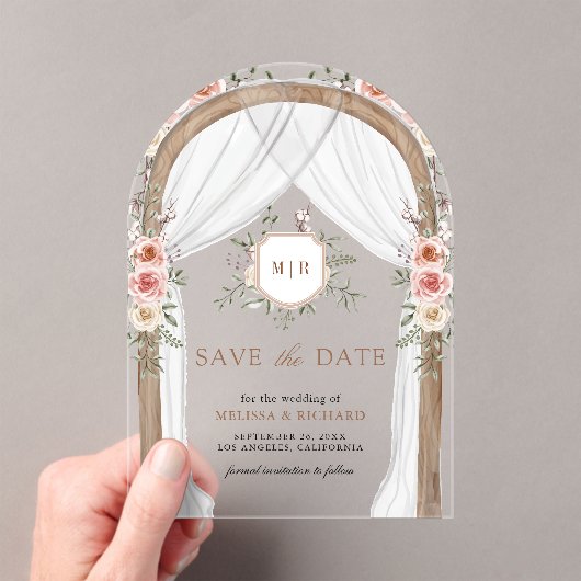 木材フローラモノグラムキャノピー結婚式の日付を保存 アクリル招待状 (インサイチュ (ポータブル))