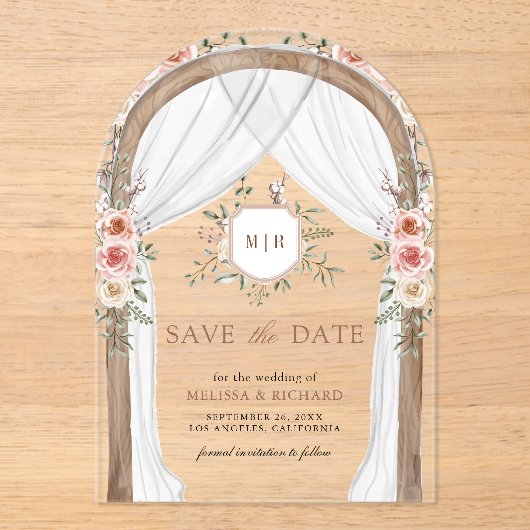 木材フローラモノグラムキャノピー結婚式の日付を保存 アクリル招待状 (正面)