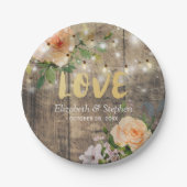 木材フローラ素朴ストリングライトウェディングシャワー ペーパープレート (正面)