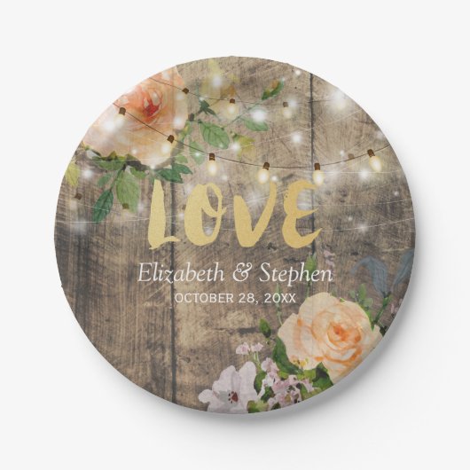 木材フローラ素朴ストリングライトウェディングシャワー ペーパープレート (正面)