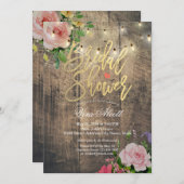 木材フローラ素朴ストリングライトブライダルシャワー 招待状 (正面/裏面)