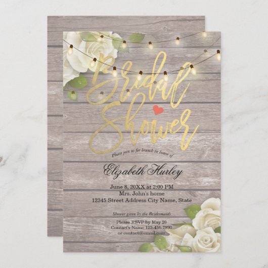木材フローラ素朴ストリングライトブライダルシャワー 招待状 (正面/裏面)