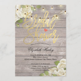 木材フローラ素朴ストリングライトブライダルシャワー 招待状