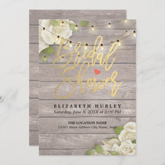 木材フローラ素朴ストリングライトブライダルシャワー 招待状 (正面/裏面)