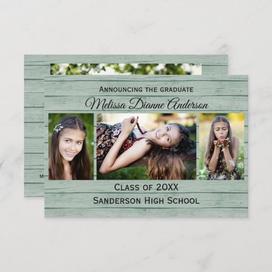 木材ボード背景- 3x5卒業発表 案内状 (正面/裏面)