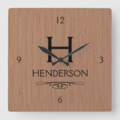 木材モダンモノグラムファミリ名 スクエア壁時計 (正面)