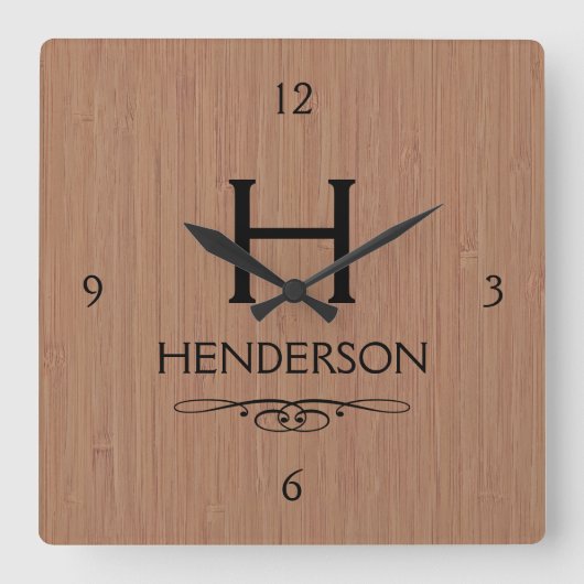 木材モダンモノグラムファミリ名 スクエア壁時計 (正面)