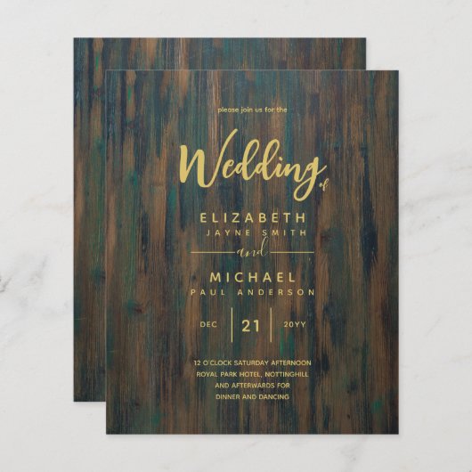 木材モダン金ゴールド予算の結婚式の招待 (正面/裏面)