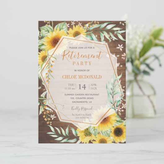 木材リタイアメントパーティの招待状（ひまわり付き） 招待状 (スタンド正面)