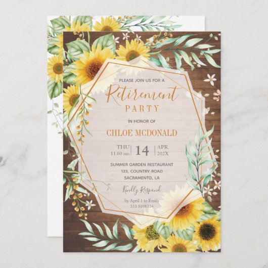 木材リタイアメントパーティの招待状(ひまわり付き) 招待状 (正面/裏面)