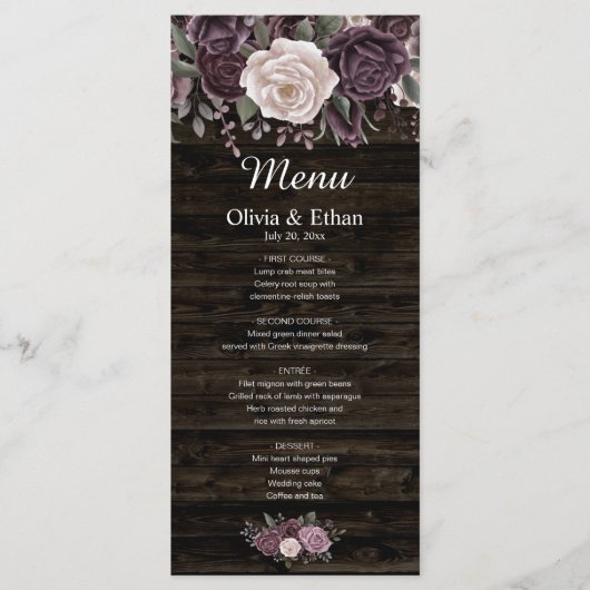 木材上の素朴埃っぽい紫バラ水色フローラ メニュー (正面)