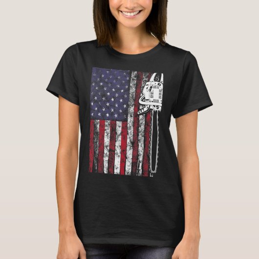 木材労働者チェーンソー木材ロガー米国の国旗Lumberjack Tシャツ (正面)