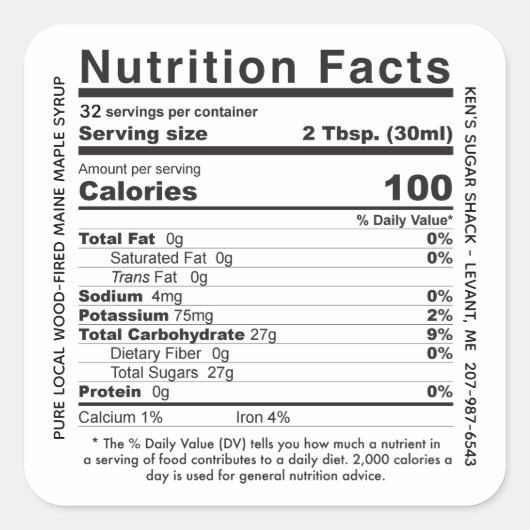 木材焼成州名メープルシロップ栄養ファクト スクエアシール (正面)