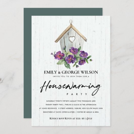 木材用フローラバードハウス引っ越し祝いパーティーパーティー 招待状 (正面/裏面)