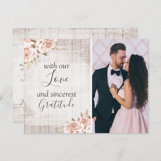 木材素朴とバラの結婚Shabbyの感謝の写真 ポストカード (正面/裏面)