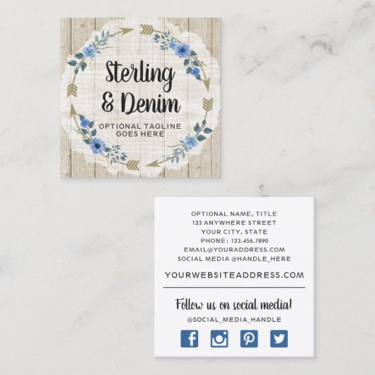 木材素朴とボヘミアの水カラーフローラ矢印 スクエア名刺 (正面/裏面)