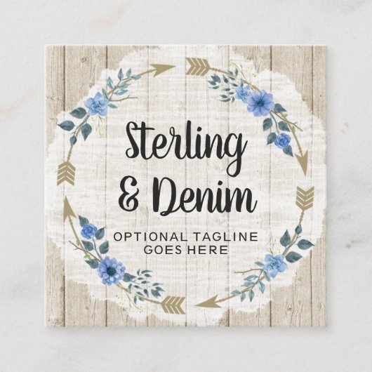 木材素朴とボヘミアの水カラーフローラ矢印 スクエア名刺 (正面)