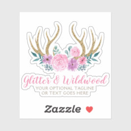 木材素朴と水彩フローラ〔雄ジカの〕枝角Bohoロゴ シール