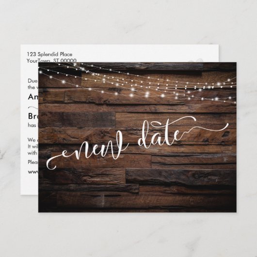 木材素朴と照明が延期され結婚た新しい日付 ポストカード (正面/裏面)