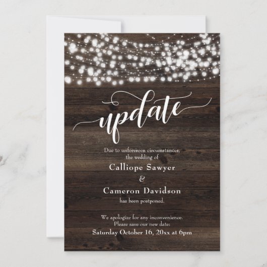 木材素朴と照明が延期さ結婚れる更新カード 招待状 (正面)