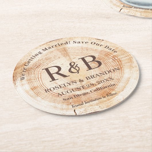 木材素朴のモノグラ結婚ム名の保存日付 ラウンドペーパーコースター (アングル)