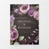 木材素朴ほこりっぽい紫フローラQRコード結婚s 三つ折り招待状 (カバー)