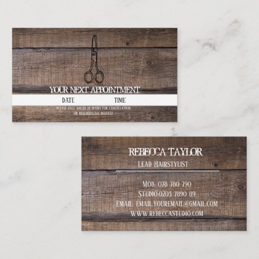 木材素朴シザーヘアサロンアポイントメントカード 名刺 (正面/裏面)