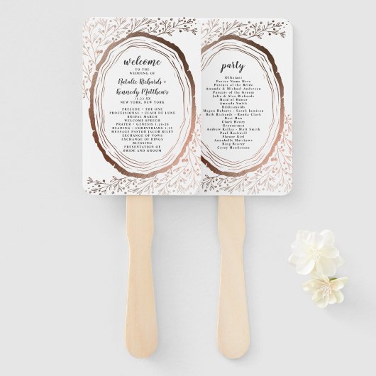 木材素朴スライス銅結婚式プログラム ハンドファン (正面&裏面)