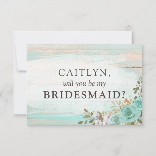 木材素朴ターコイズフローラブライダルパーティ案 招待状 (正面)