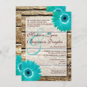 木材素朴ティール(緑がかった色)ガーベラデイジー結婚式招待状 招待状 (正面/裏面)