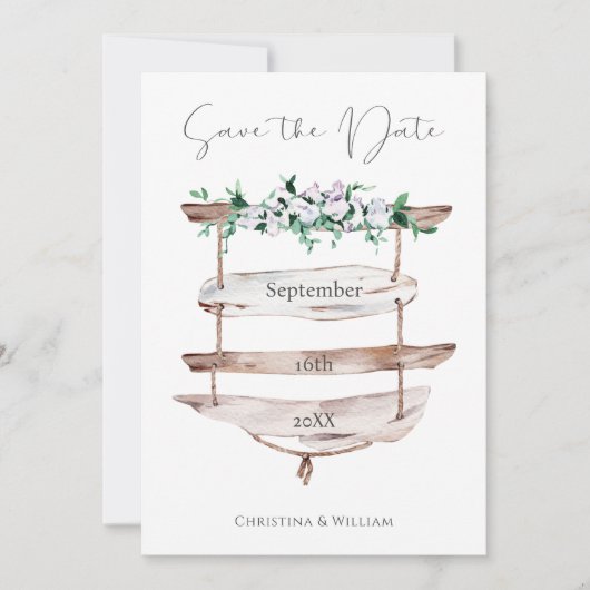 木材素朴ビーチサインウォーター色フローラ セーブザデート (正面)