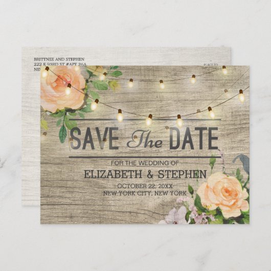 木材素朴フローラストリングライト日付を保存Ann 案内ポストカード (正面/裏面)