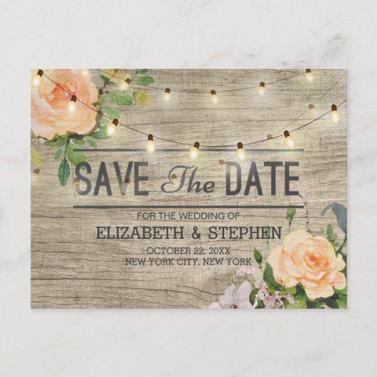 木材素朴フローラストリングライト日付を保存Ann 案内ポストカード (正面)