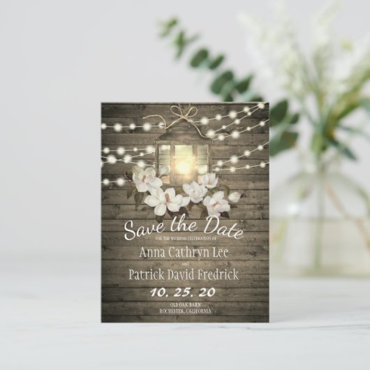 木材素朴フローラランタンライト日付保存 案内ポストカード (スタンド正面)