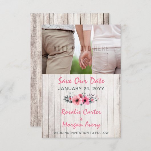 木材素朴フローラ国の結婚式の日付を保存 セーブザデート (正面/裏面)