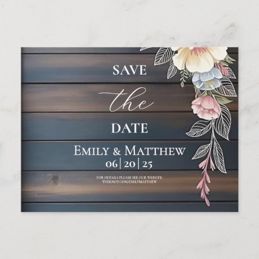木材素朴フローラ結婚式の日付の保存 案内ポストカード (正面)
