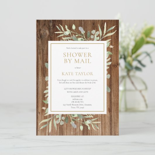 木材素朴ブライダルシャワーバイメール緑 招待状 (スタンド正面)